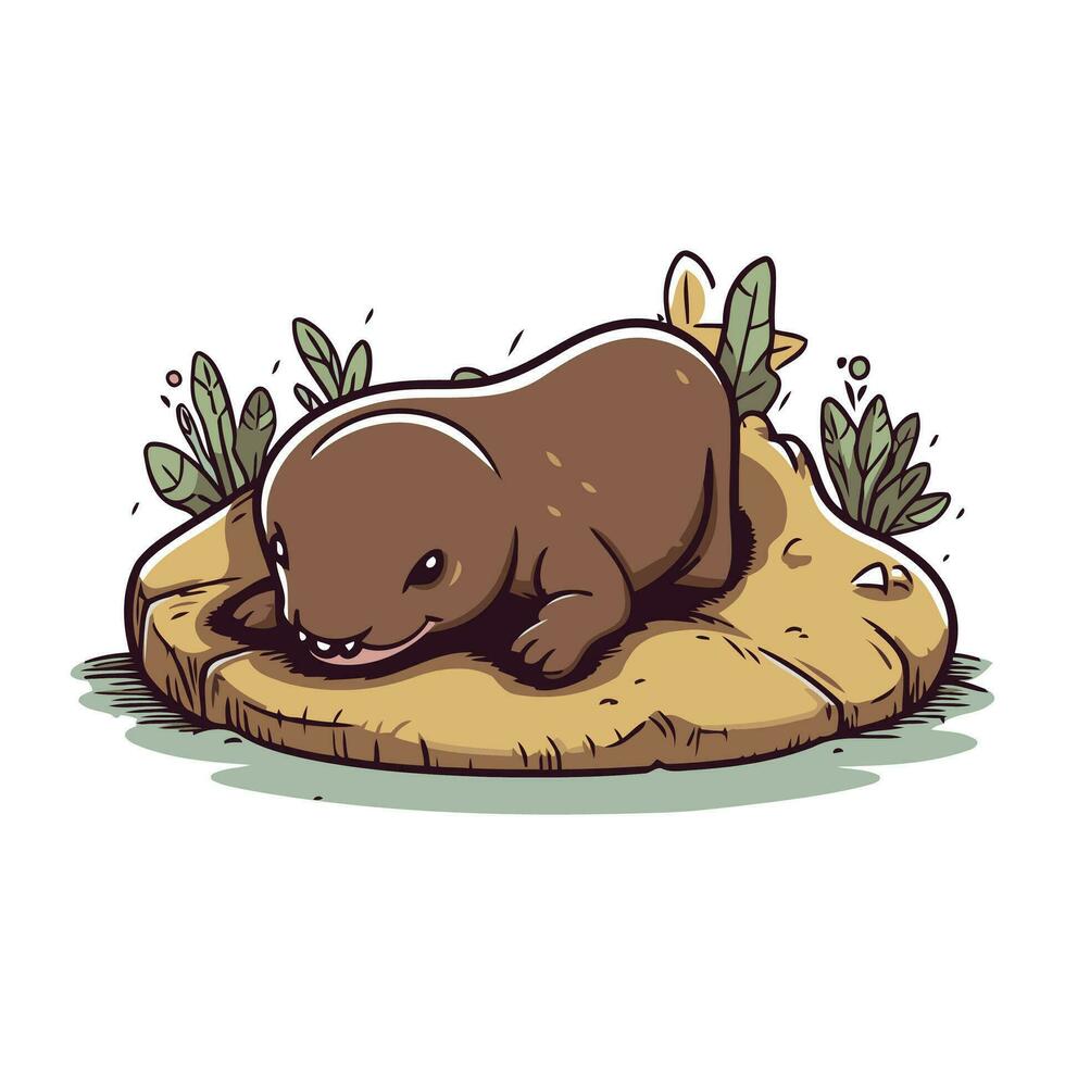 mignonne bébé hippopotame en train de dormir sur une rock. vecteur illustration.