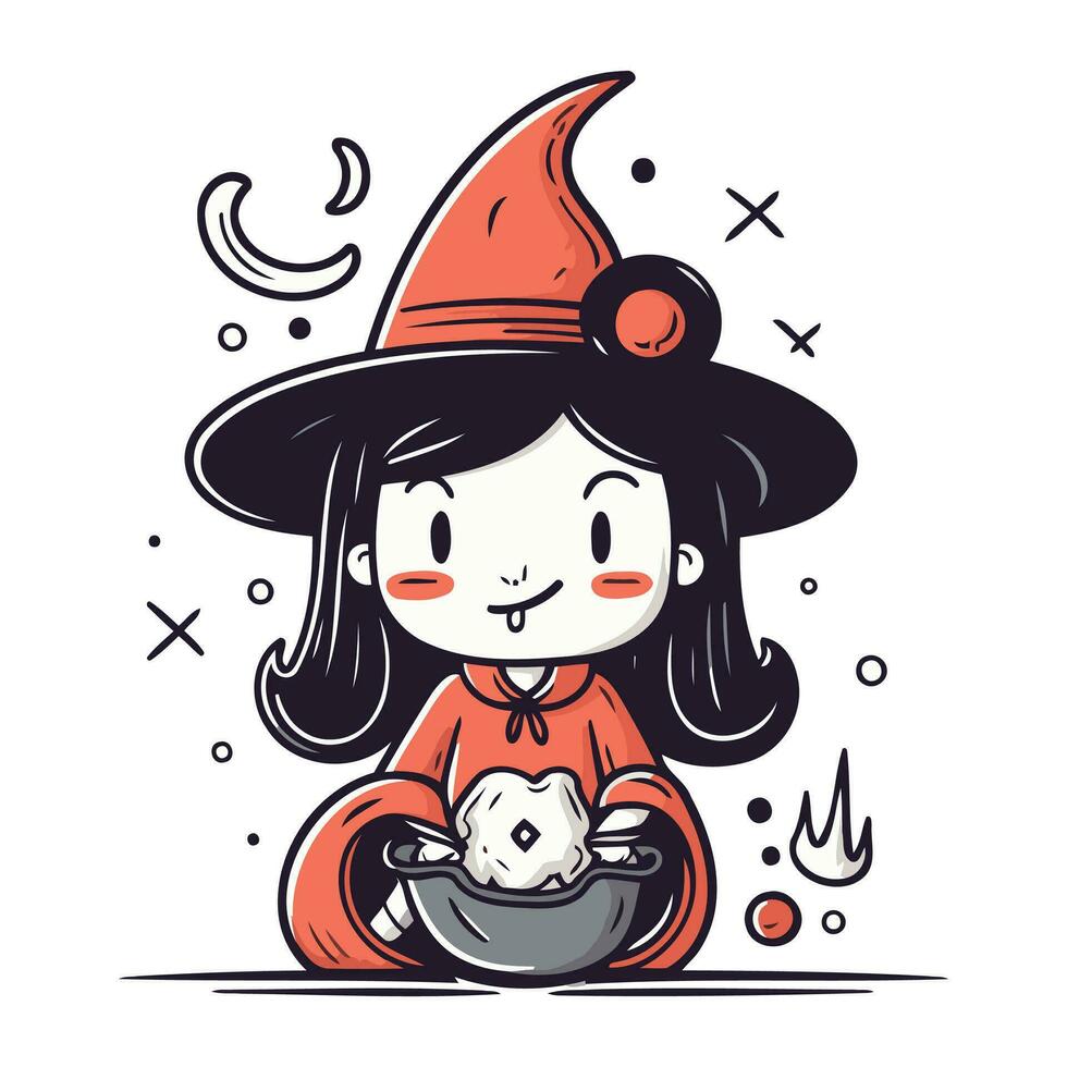 mignonne sorcière avec une pot de la magie potion. vecteur illustration.