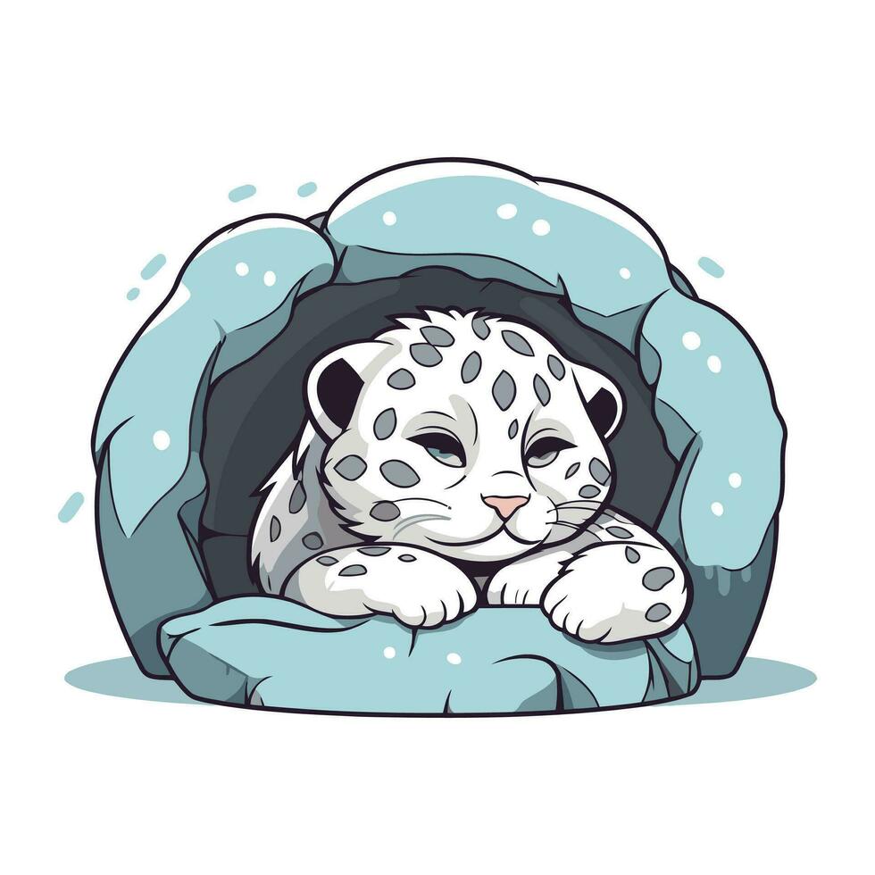 mignonne dessin animé neige léopard en train de dormir dans une chat maison. vecteur illustration.