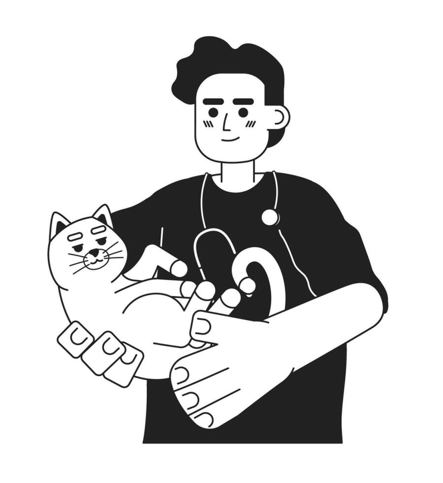 vétérinaire Masculin milieu est noir et blanc 2d dessin animé personnage. arabe vétérinaire homme en portant chat dans mains isolé vecteur contour personne. spécialiste avec animal de compagnie monochromatique plat place illustration