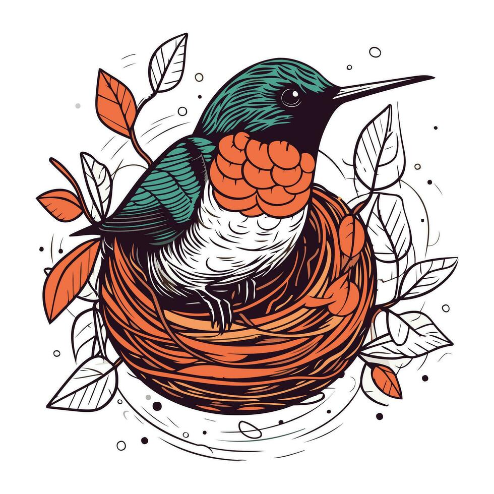 main tiré vecteur illustration de une oiseau dans une nid avec feuilles.