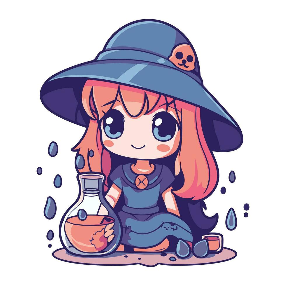 mignonne dessin animé sorcière fille avec potion. Halloween vecteur illustration dans une plat style.