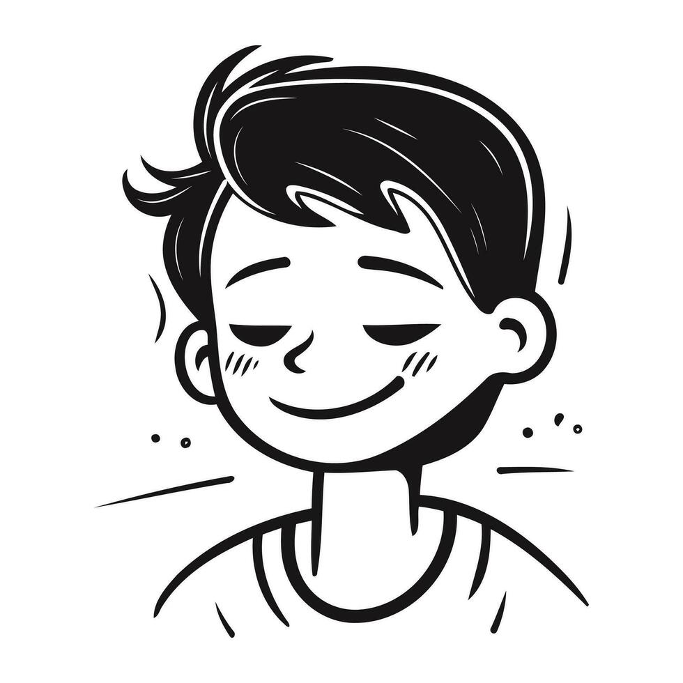 vecteur noir et blanc illustration de une souriant garçon avec le sien yeux fermé.