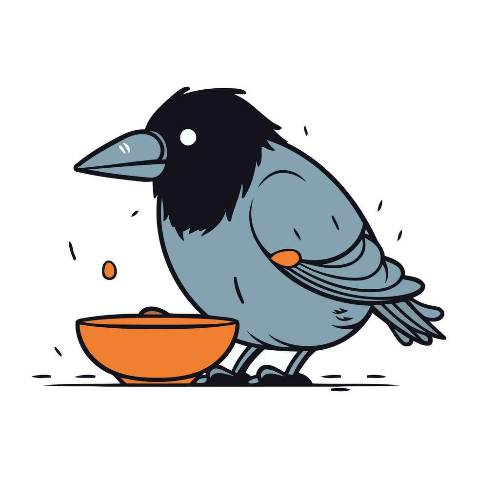 corbeau en mangeant de une bol. vecteur illustration dans dessin animé style.