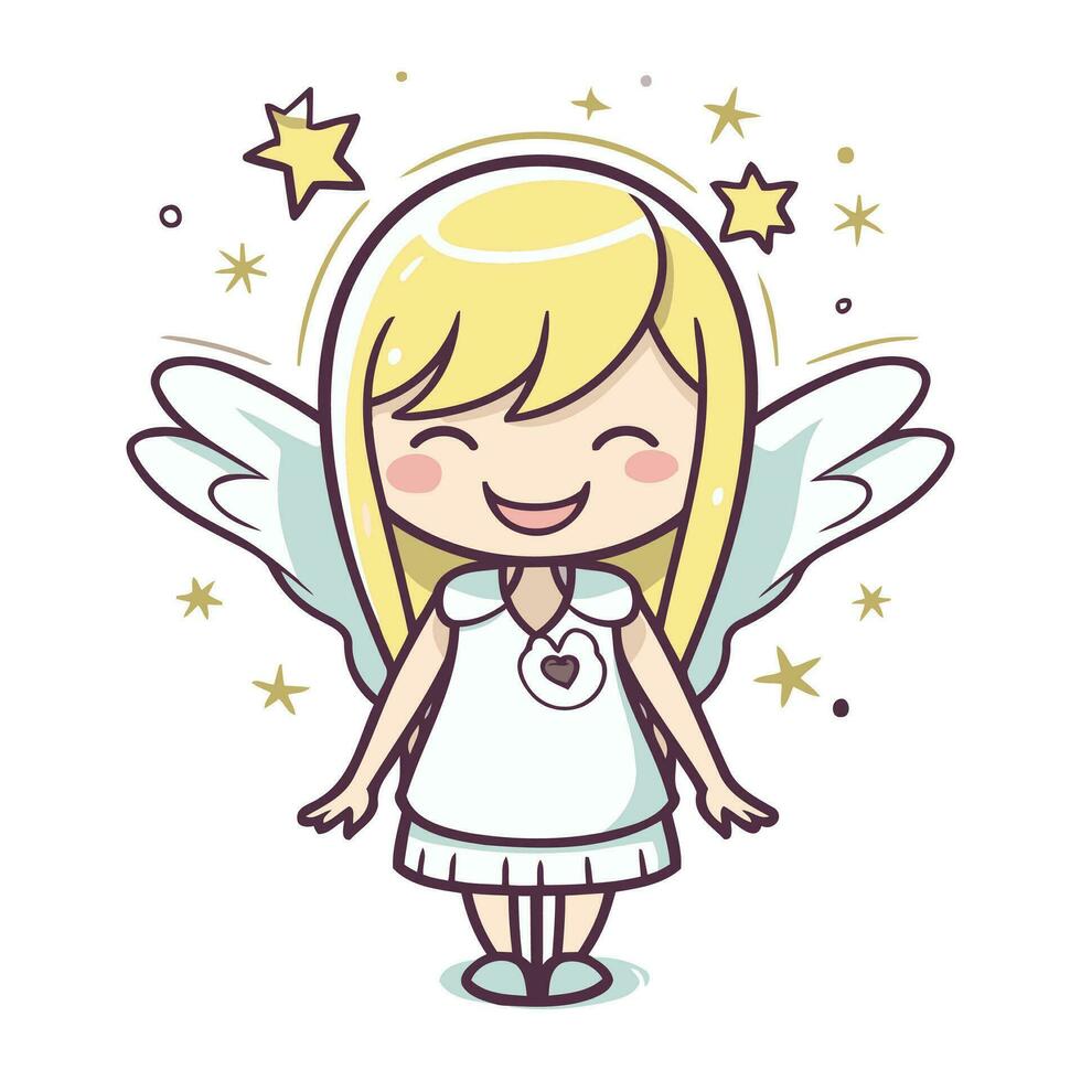 mignonne peu ange avec ailes et étoiles. vecteur illustration dans dessin animé style.