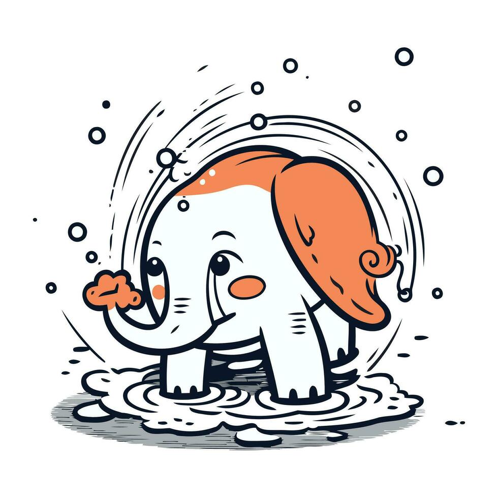 mignonne dessin animé l'éléphant la lessive dans une flaque. vecteur illustration.