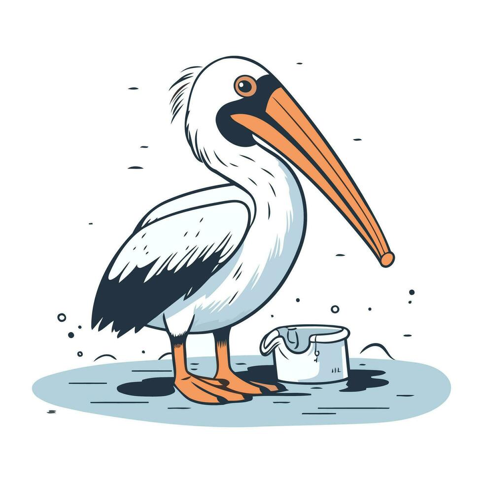 pélican avec une seau de l'eau. main tiré vecteur illustration.