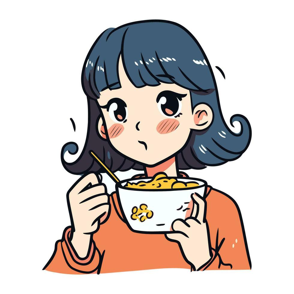 illustration de une femme en mangeant une bol de céréales avec baguettes vecteur