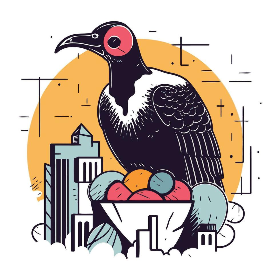 vecteur illustration de une corbeau avec une bouquet de des fruits dans le ville.