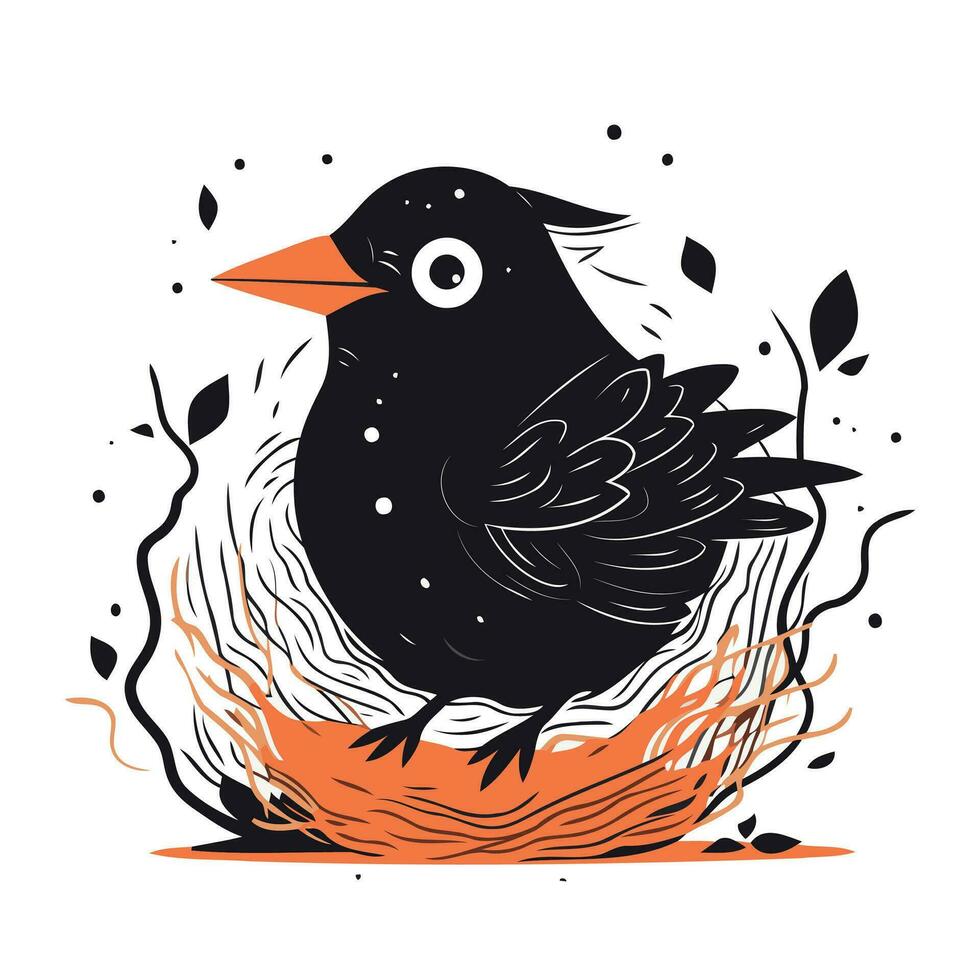 mignonne noir oiseau séance dans nid. main tiré vecteur illustration.