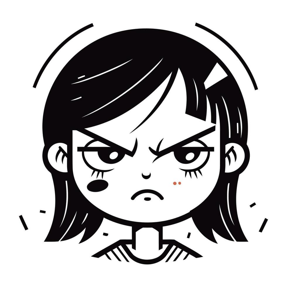 en colère fille visage vecteur illustration dans dessin animé style. noir et blanc en colère fille visage icône.