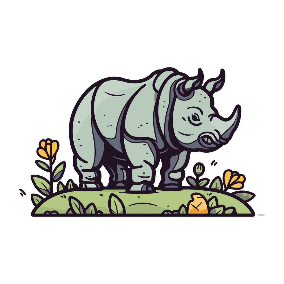 dessin animé rhinocéros permanent dans le herbe. vecteur illustration.