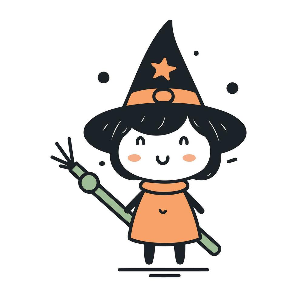 mignonne sorcière avec la magie baguette magique. vecteur illustration dans griffonnage style