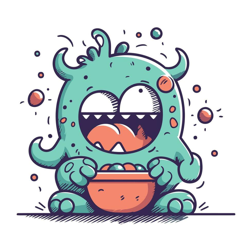 mignonne dessin animé monstre avec une bol de aliments. vecteur illustration.