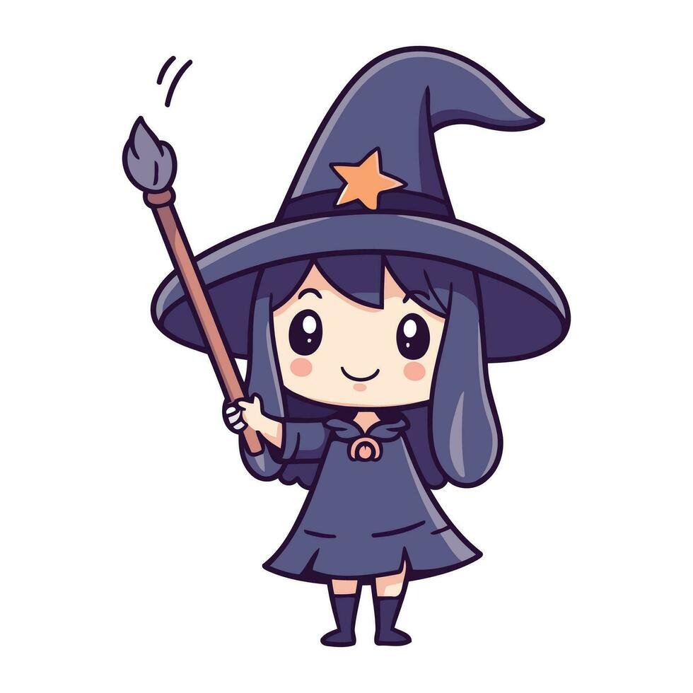 mignonne peu fille dans sorcière costume en portant la magie baguette magique. vecteur illustration.