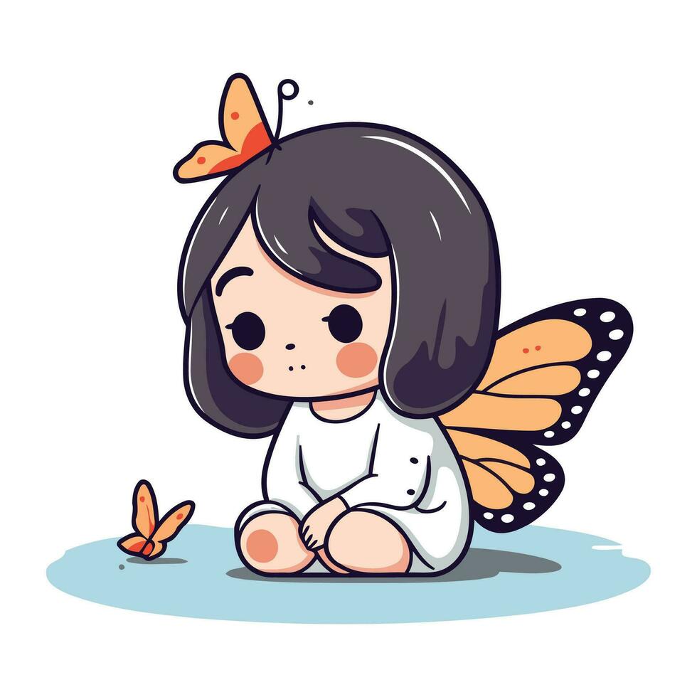 mignonne peu fille séance sur le sol avec papillon. vecteur illustration.
