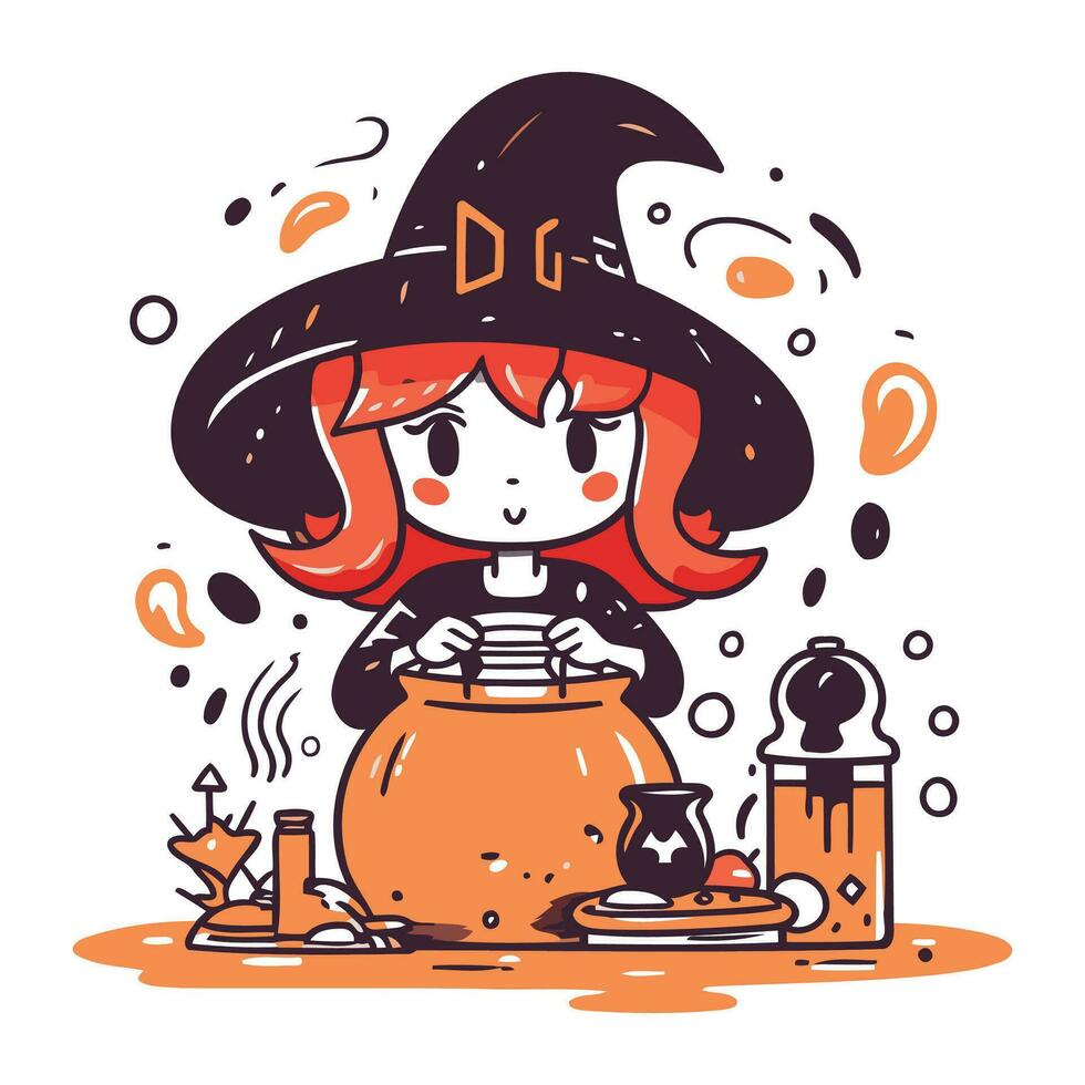 Halloween vecteur illustration. mignonne sorcière fille dans une chapeau avec une pot de potion.