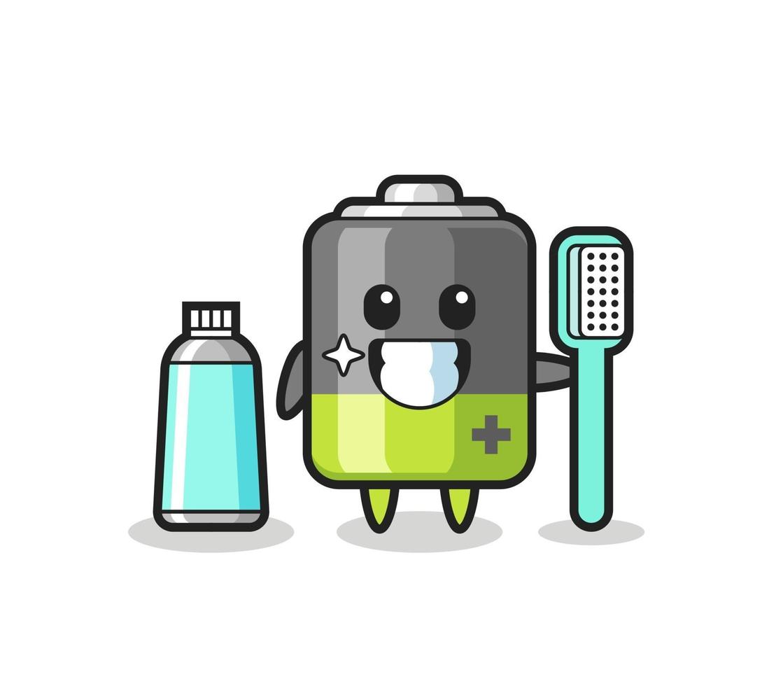 mascotte illustration de batterie avec une brosse à dents vecteur