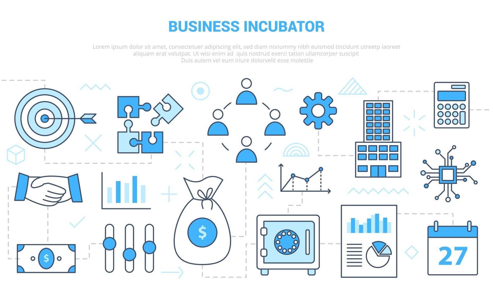 concept d'incubateur d'entreprises avec bannière de modèle de jeu d'icônes vecteur