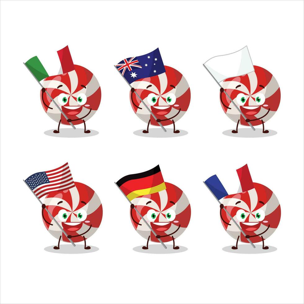 rouge bonbons dessin animé personnage apporter le drapeaux de divers des pays vecteur