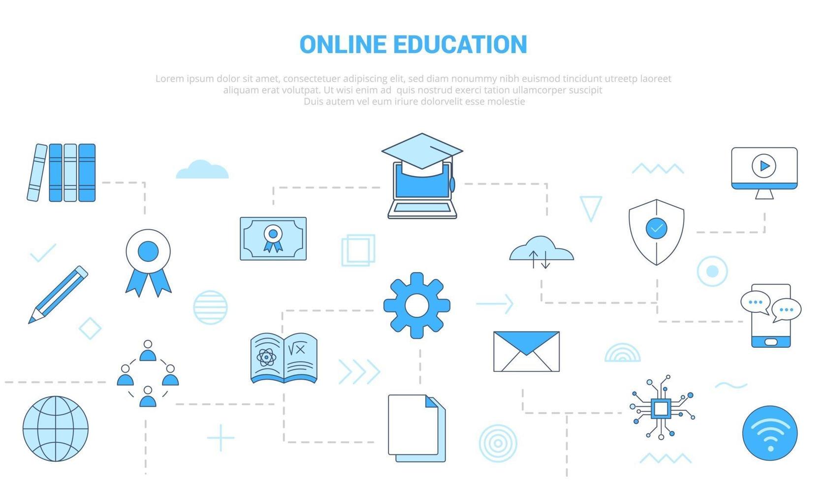 concept de technologie d'éducation en ligne avec bannière de modèle de jeu d'icônes vecteur