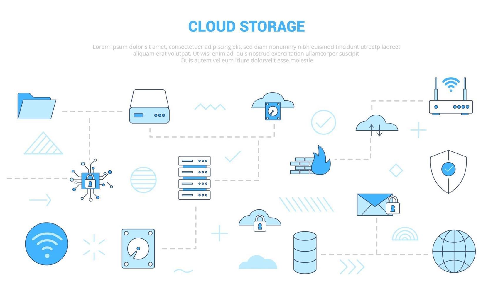 concept de stockage en nuage avec bannière de modèle de jeu d'icônes vecteur