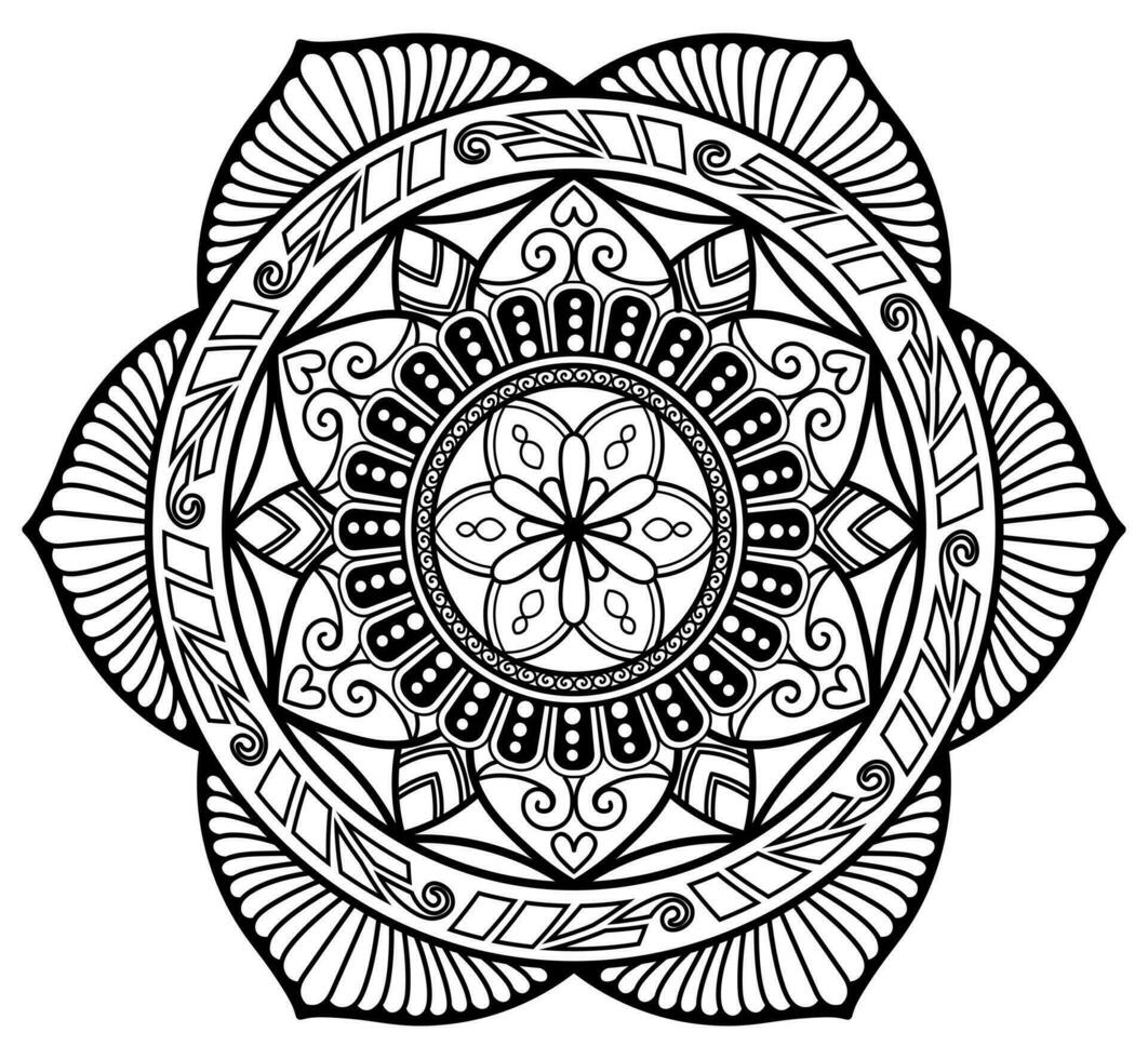 floral mandala modèle dans noir contour sur blanc Contexte vecteur