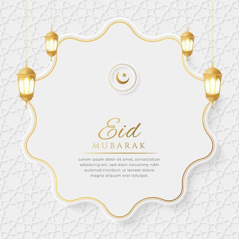 eid mubarak arabe islamique élégant blanc et d'or luxe ornemental Contexte avec islamique modèle et décoratif lanternes vecteur