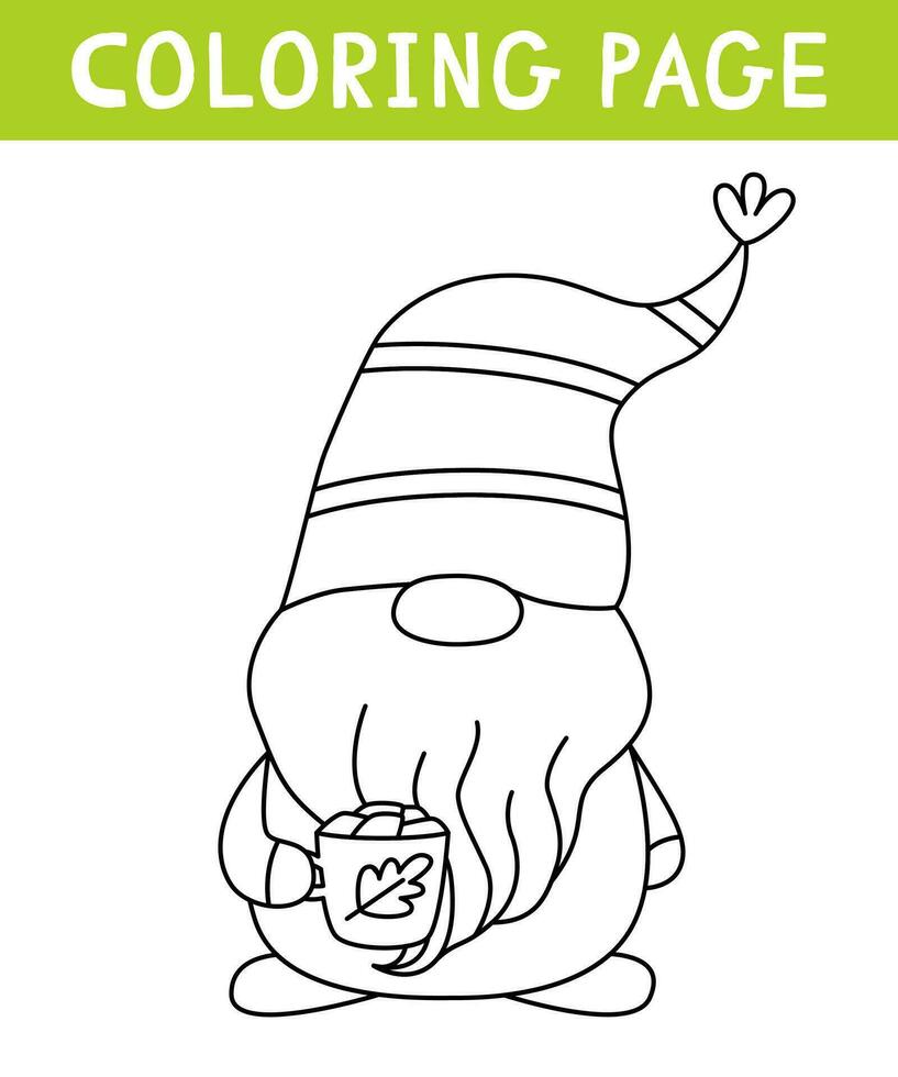mignonne gnome avec tasse de cacao avec guimauves coloration page. action de grâces journée. imprimable feuille de travail avec Solution pour école et préscolaire. vecteur dessin animé illustration.