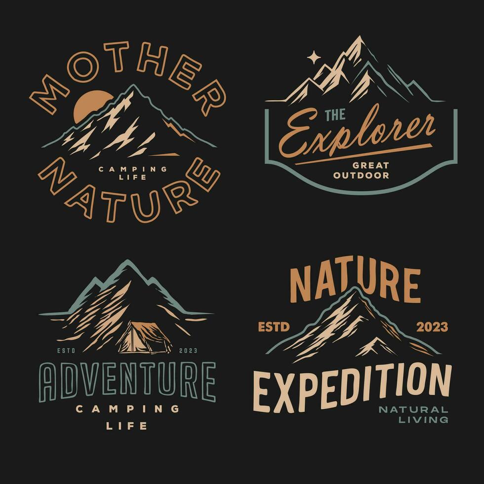 collection de Montagne de pointe paysage Extérieur silhouette étiquette logo conception. ensemble de ancien aventure badge . camping emblème logo avec Montagne illustration dans rétro branché style vecteur