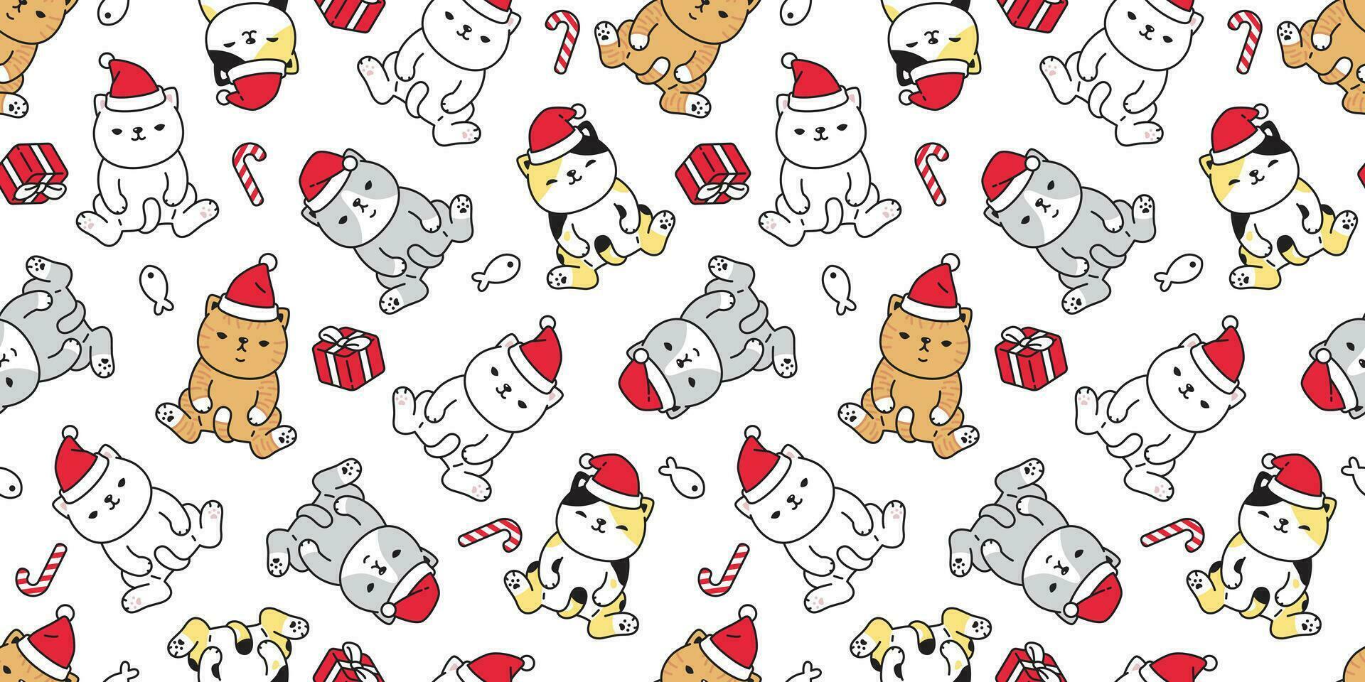 chat sans couture modèle Noël vecteur Père Noël claus chapeau chaton bonbons canne cadeau boîte dessin animé écharpe isolé répéter fond d'écran tuile Contexte illustration griffonnage conception