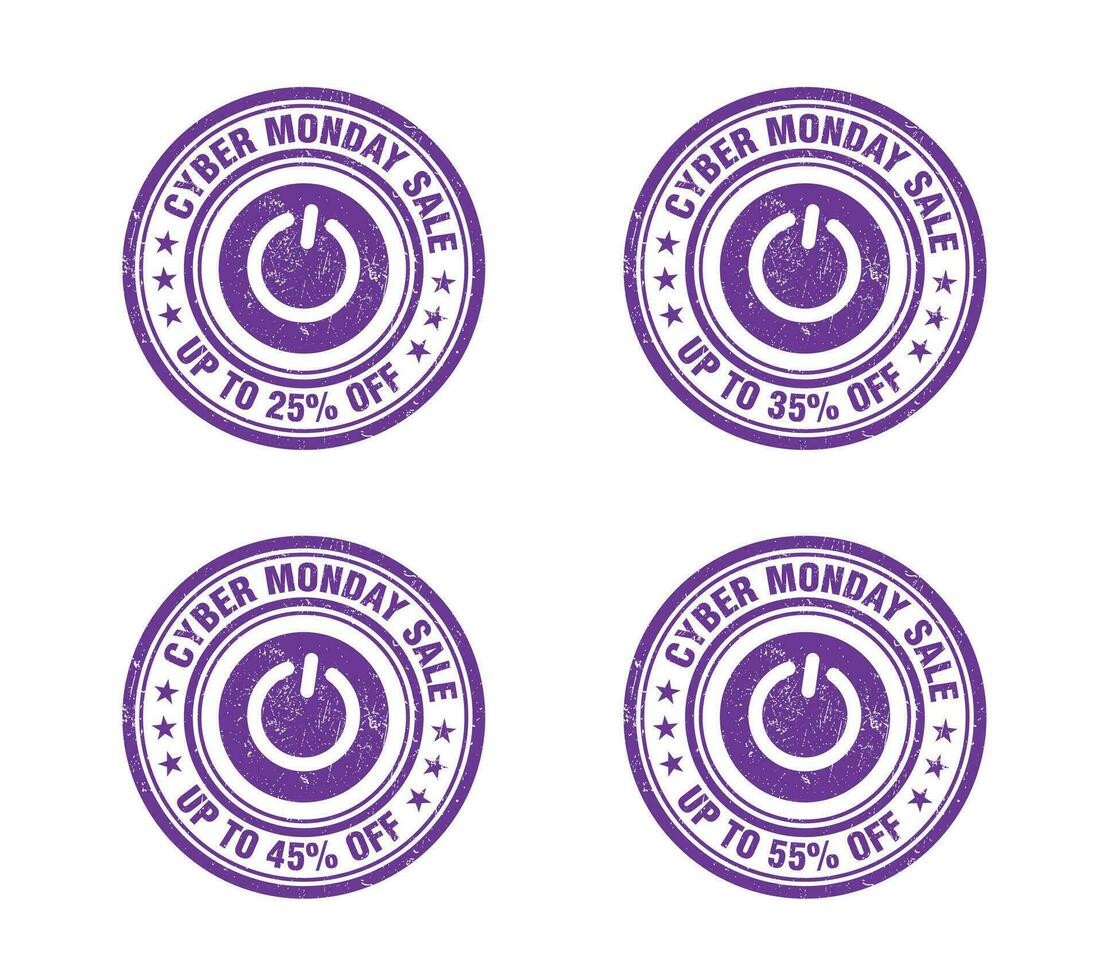 cyber Lundi vente, violet grunge timbre ensemble. vente 25, 35, 45, 55 pour cent de vecteur