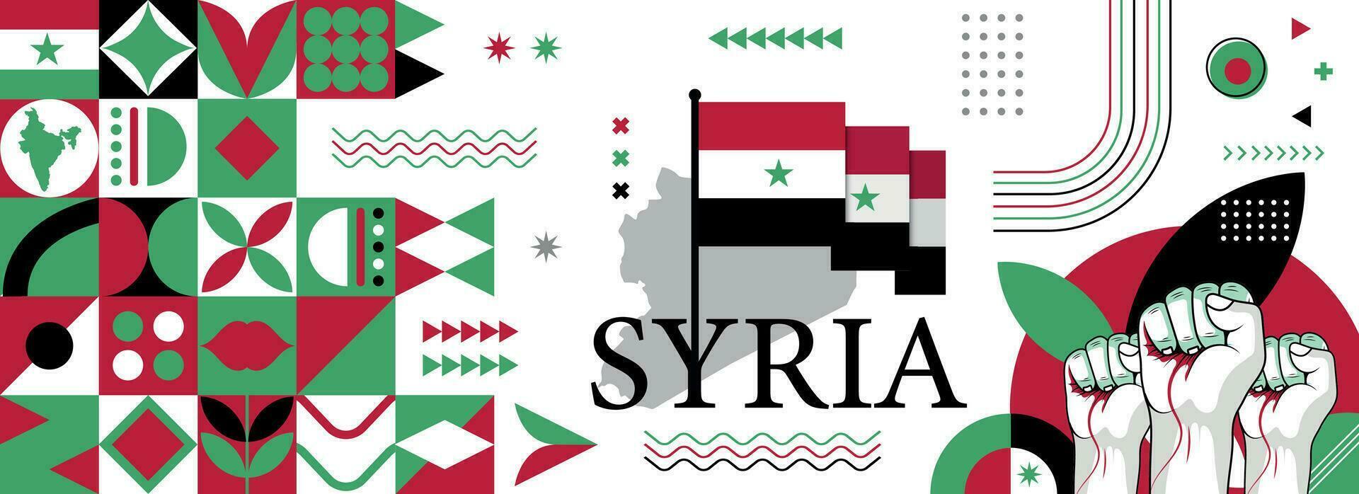 Syrie nationale ou indépendance journée bannière pour syrien fête. drapeau et carte de sirya avec élevé poings. moderne rétro conception avec typorgaphie abstrait géométrique Icônes. vecteur illustration.