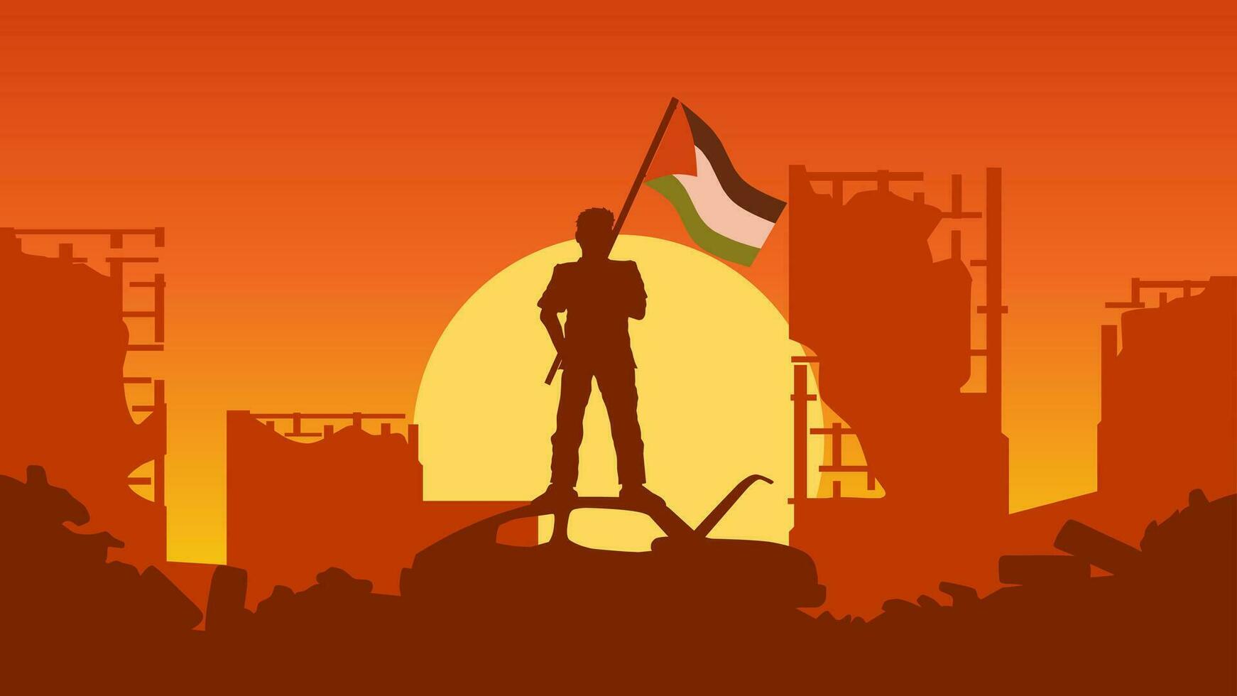 Palestine paysage vecteur illustration. silhouette de homme en portant Palestine drapeau dans le détruit ville. paysage illustration de guerre pour social questions, nouvelles, soutien ou conflit