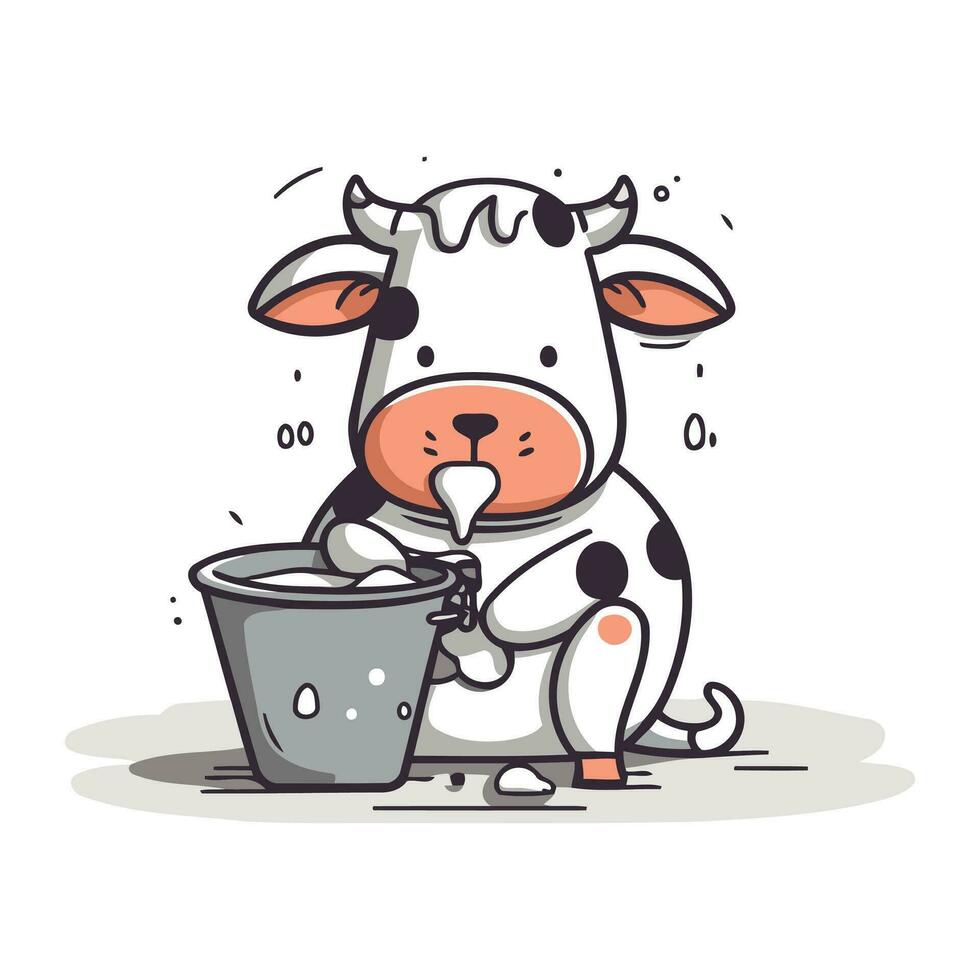 mignonne dessin animé vache avec une seau de l'eau. vecteur illustration.