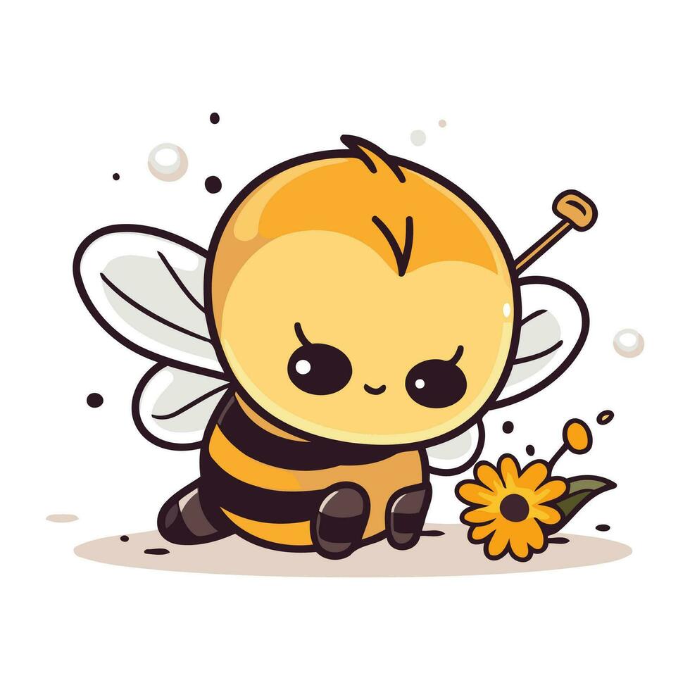 mignonne dessin animé abeille avec fleur sur blanc Contexte. vecteur illustration.