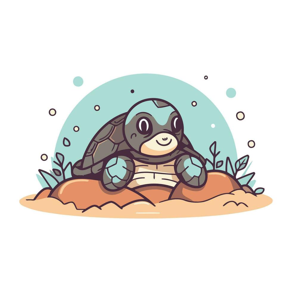 mignonne tortue dans le sable. vecteur illustration dans dessin animé style.