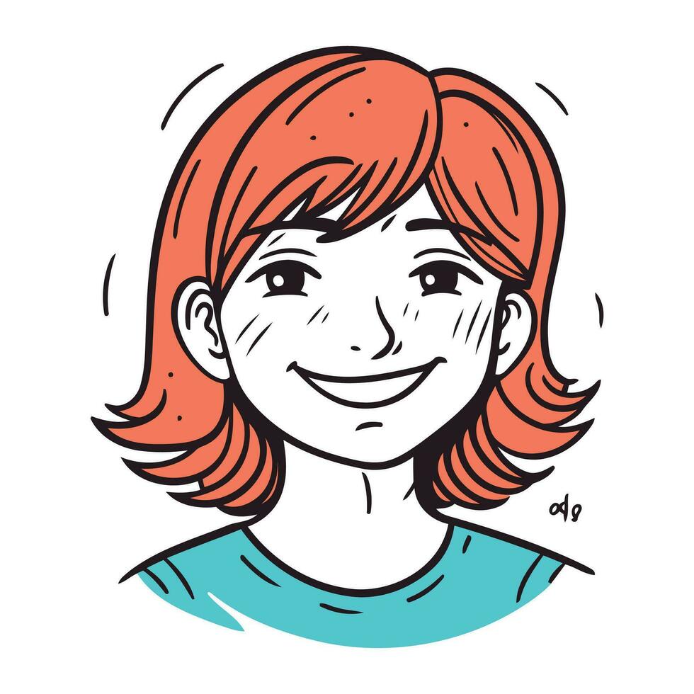 souriant fille avec rouge cheveux. vecteur illustration dans esquisser style.