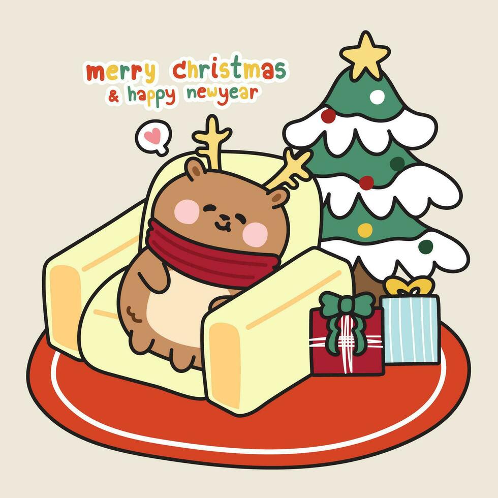 mignonne cerf porter écharpe asseoir sur canapé avec Noël arbre et cadeau boîte.joyeux Noël et content Nouveau année texte.hiver animal.enfant et bébé produit.kawaii.vector.illustration. vecteur