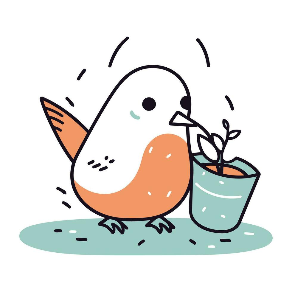 mignonne peu oiseau avec une fleur dans une pot. vecteur illustration.