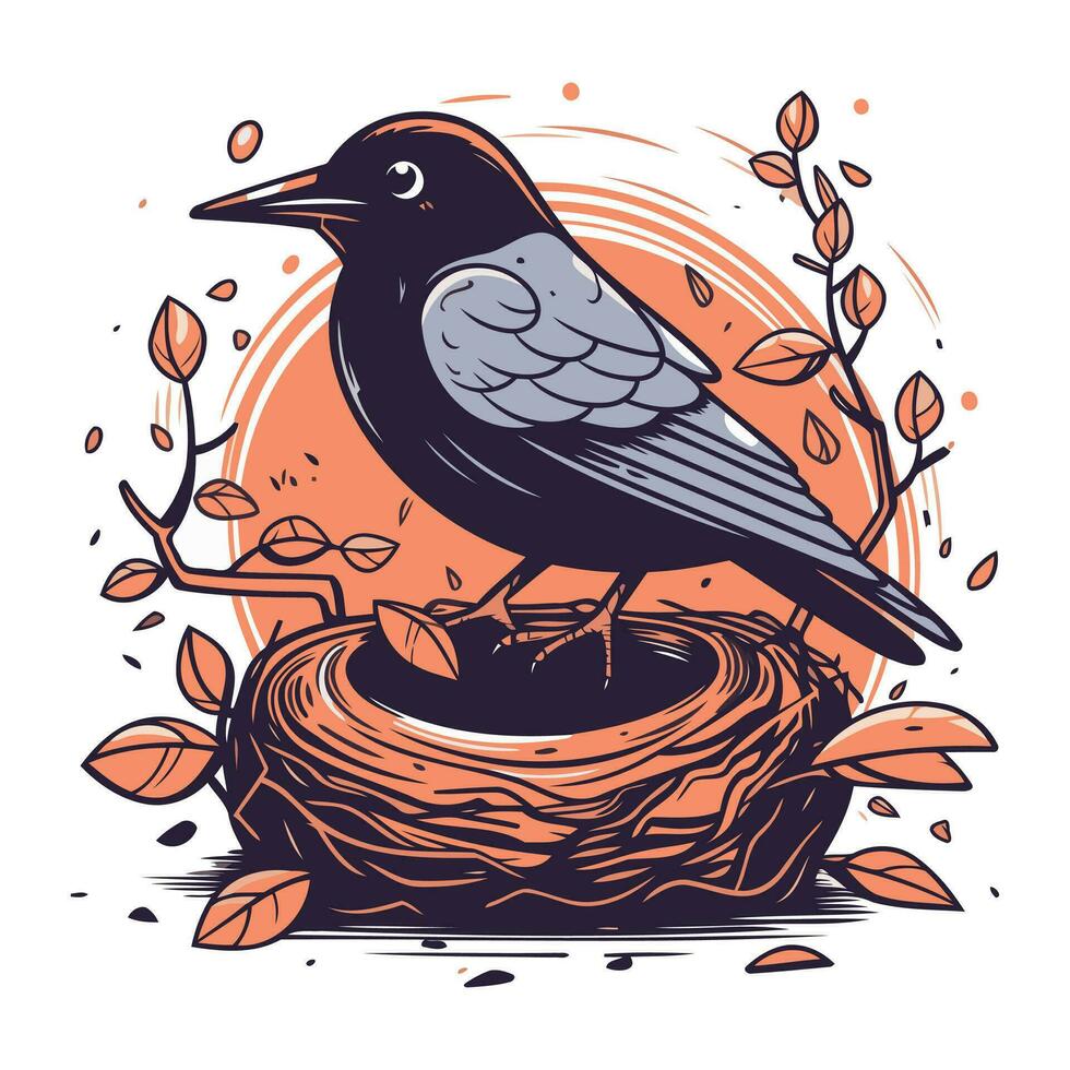 corbeau séance dans le nid. vecteur illustration dans ancien style.
