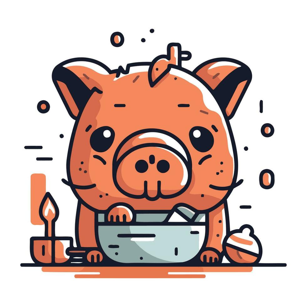 mignonne porc avec une bol de nourriture et bougies. vecteur illustration.