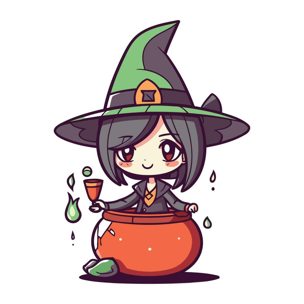 mignonne dessin animé sorcière avec pot de potion. Halloween vecteur illustration.