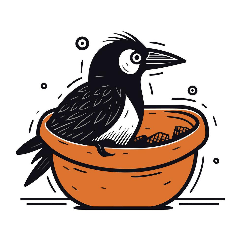 main tiré vecteur illustration de une noir corbeau dans une argile pot.