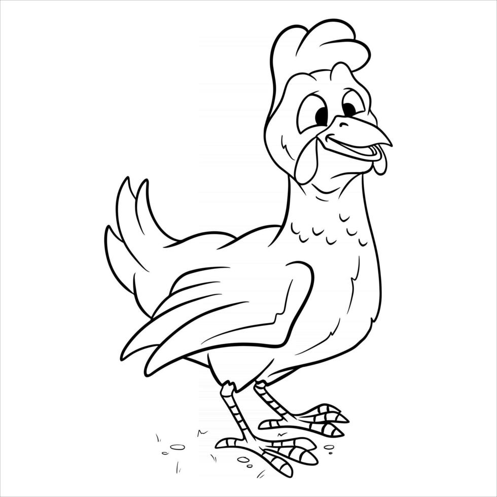 Poulet drôle de personnage animal dans un livre de coloriage de style ligne vecteur