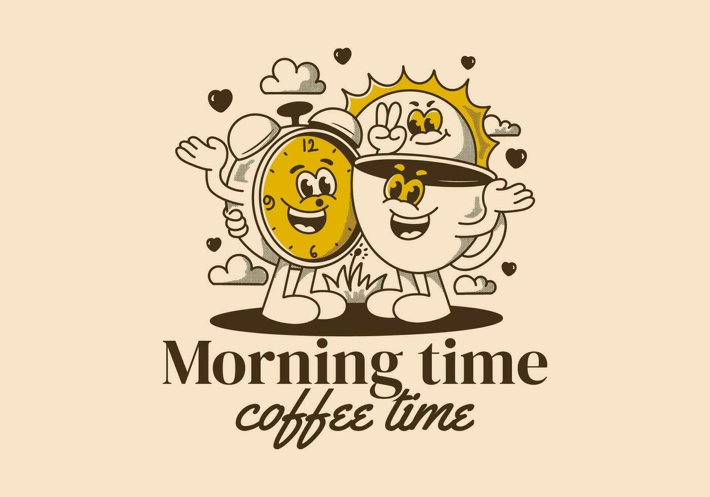 Matin temps, café temps. mascotte personnage de café tasse, alarme l'horloge et une Soleil vecteur