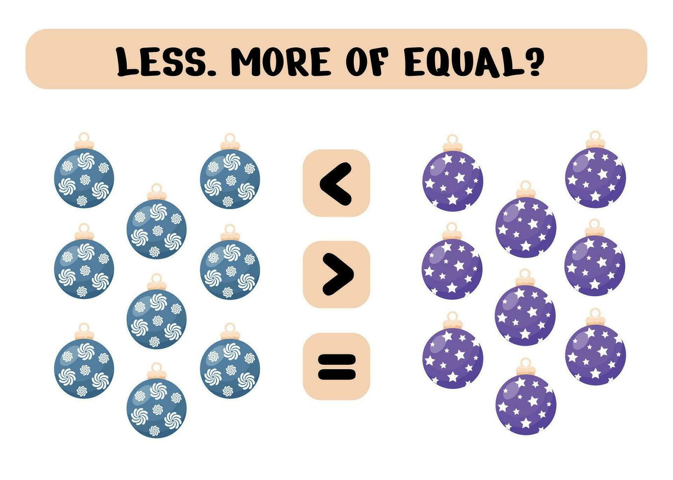 éducation logique Jeu pour préscolaire enfants. choisir le correct répondre. plus, Moins ou égal avec Noël des balles. vecteur illustration isolé sur blanc Contexte.