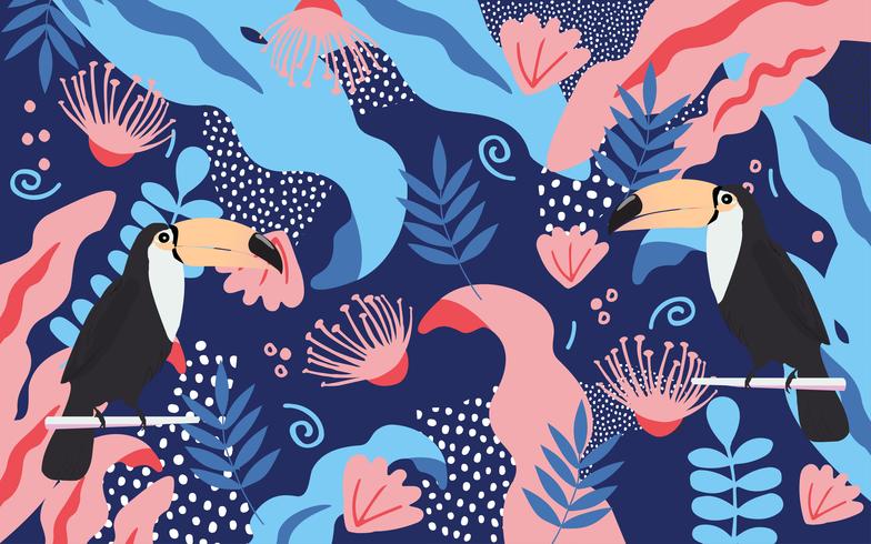 Affiche de fleurs et de jungle tropicale fond d&#39;affiche avec toucan vecteur