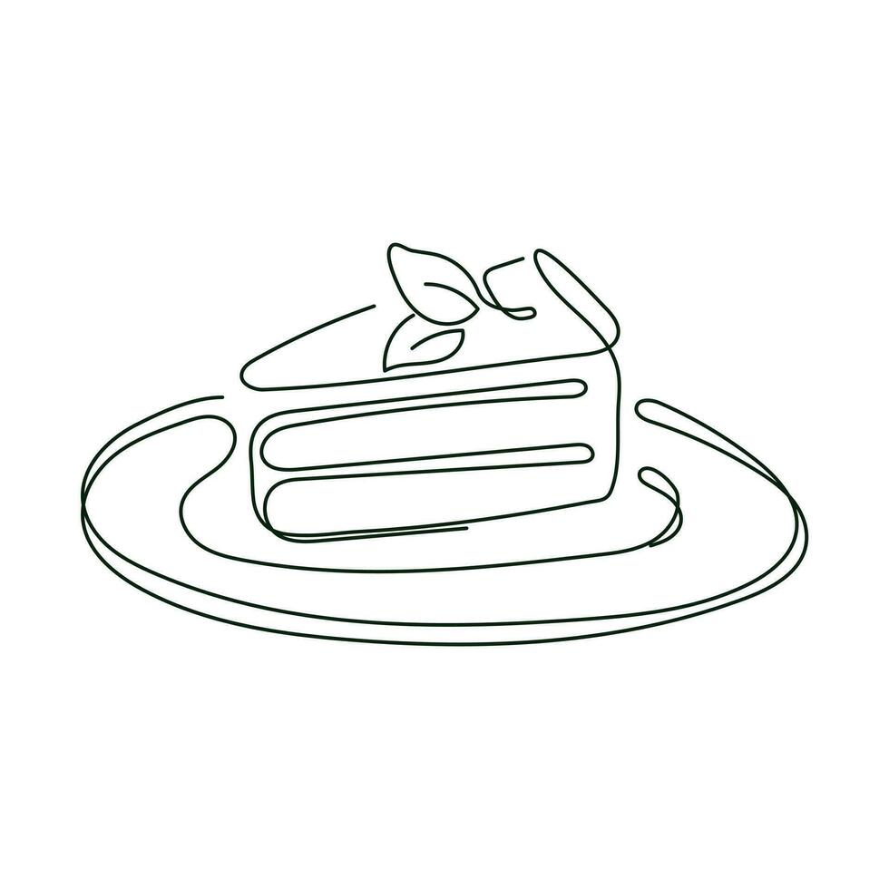 une pièce de gâteau sur une assiette avec une menthe feuille, vecteur isolé illustration dans dessin au trait style.