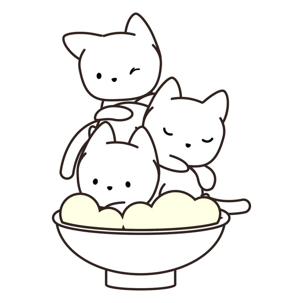Trois kawaii chats dans une bol coloration page vecteur